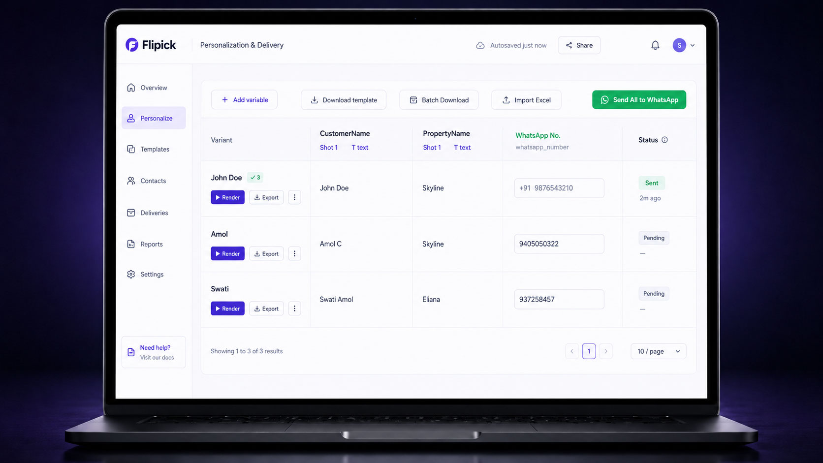 Flipick Personalization & Delivery — per-recipient variants with WhatsApp send