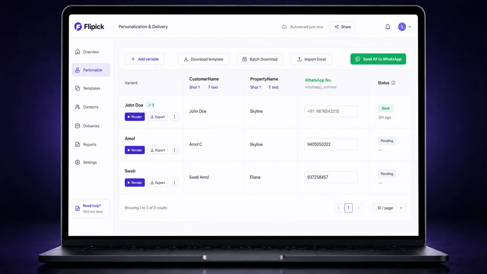 Flipick Personalization & Delivery — per-recipient variants with WhatsApp send