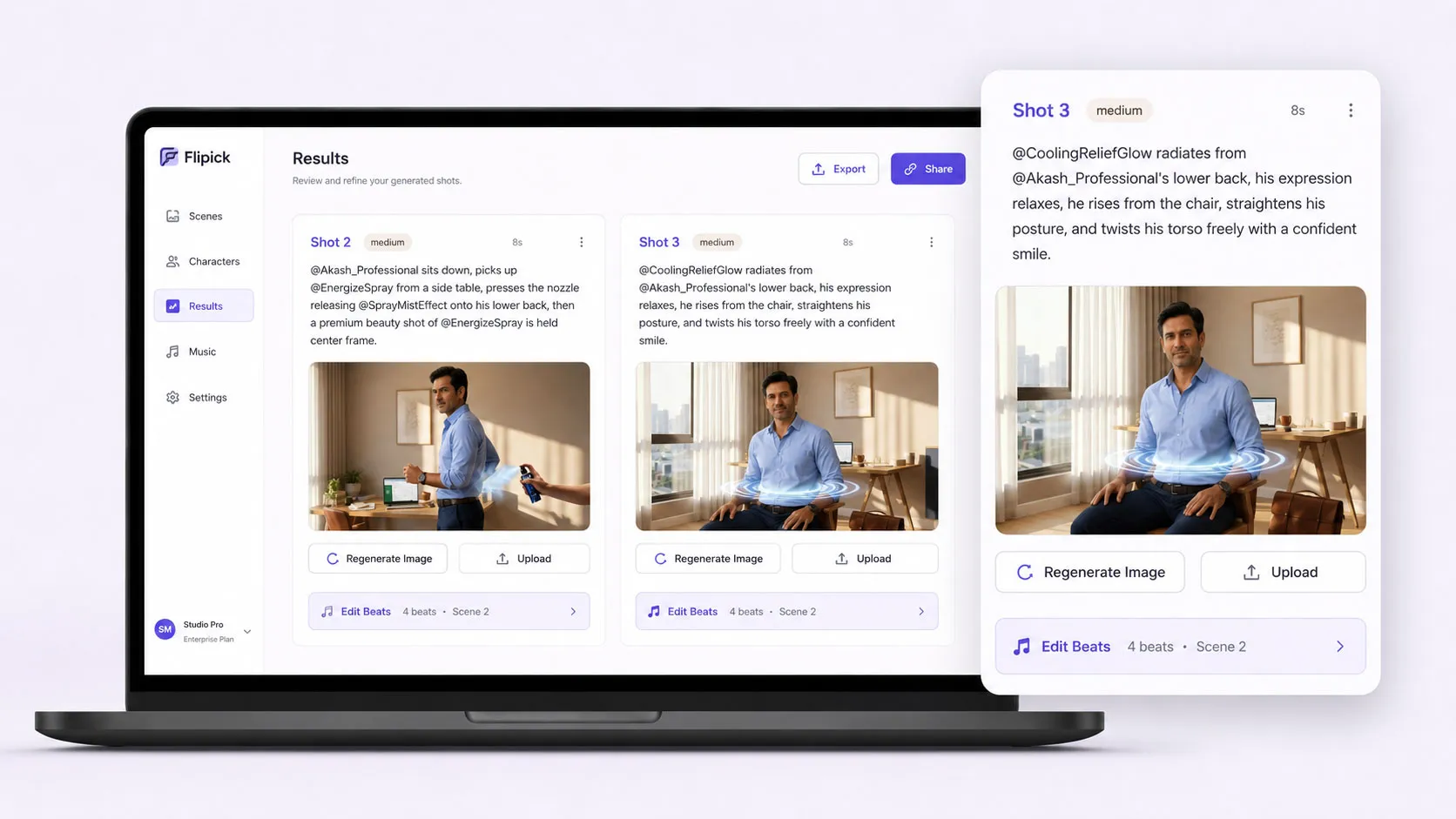 Flipick Results — generated shots with regenerate image and edit beats options