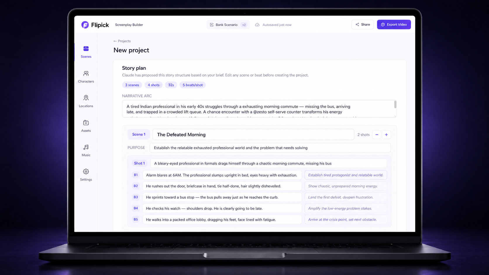 Flipick Screenplay Builder — story plan with scenes, shots and beats