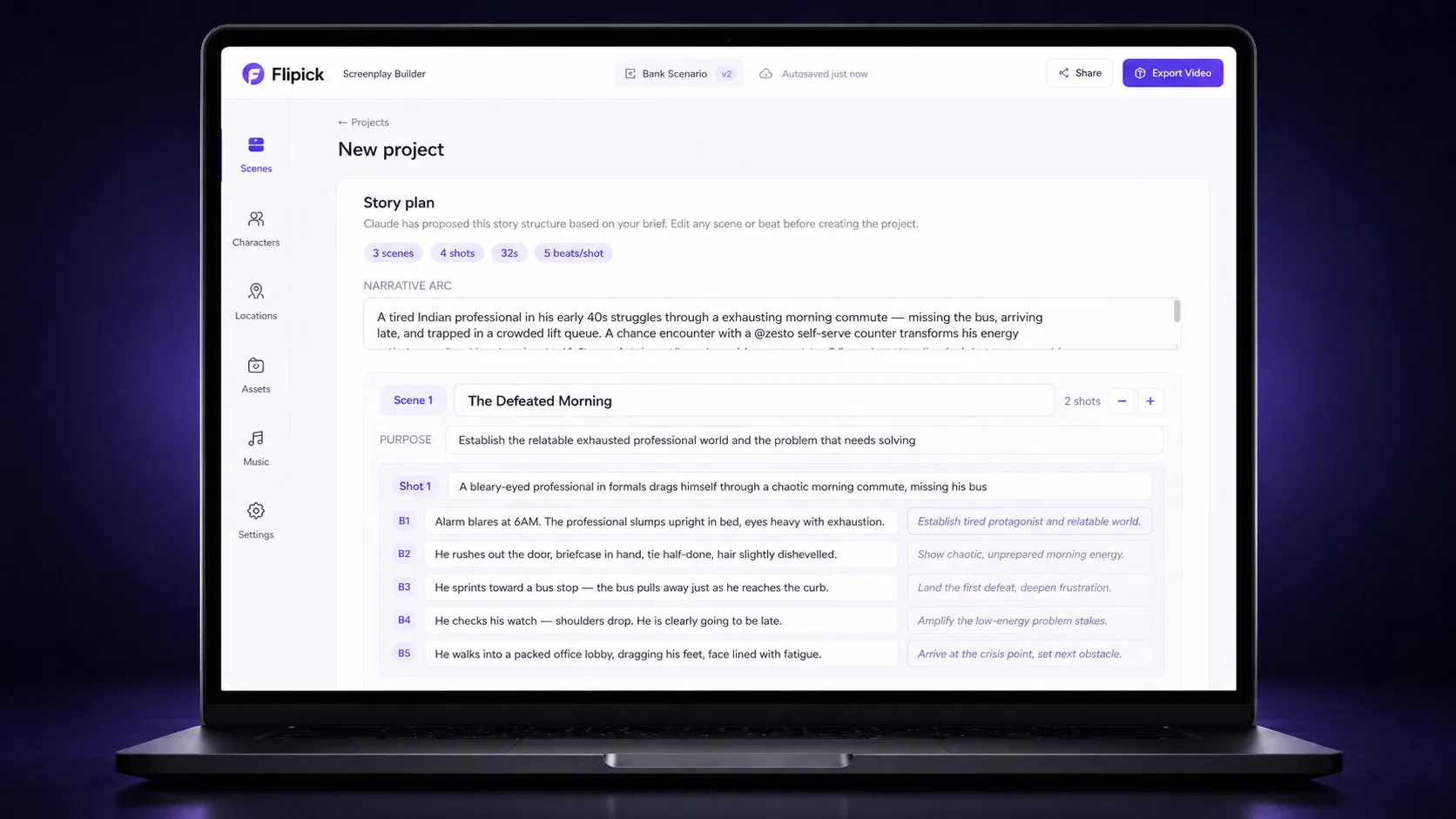 Flipick Screenplay Builder — story plan with scenes, shots and beats