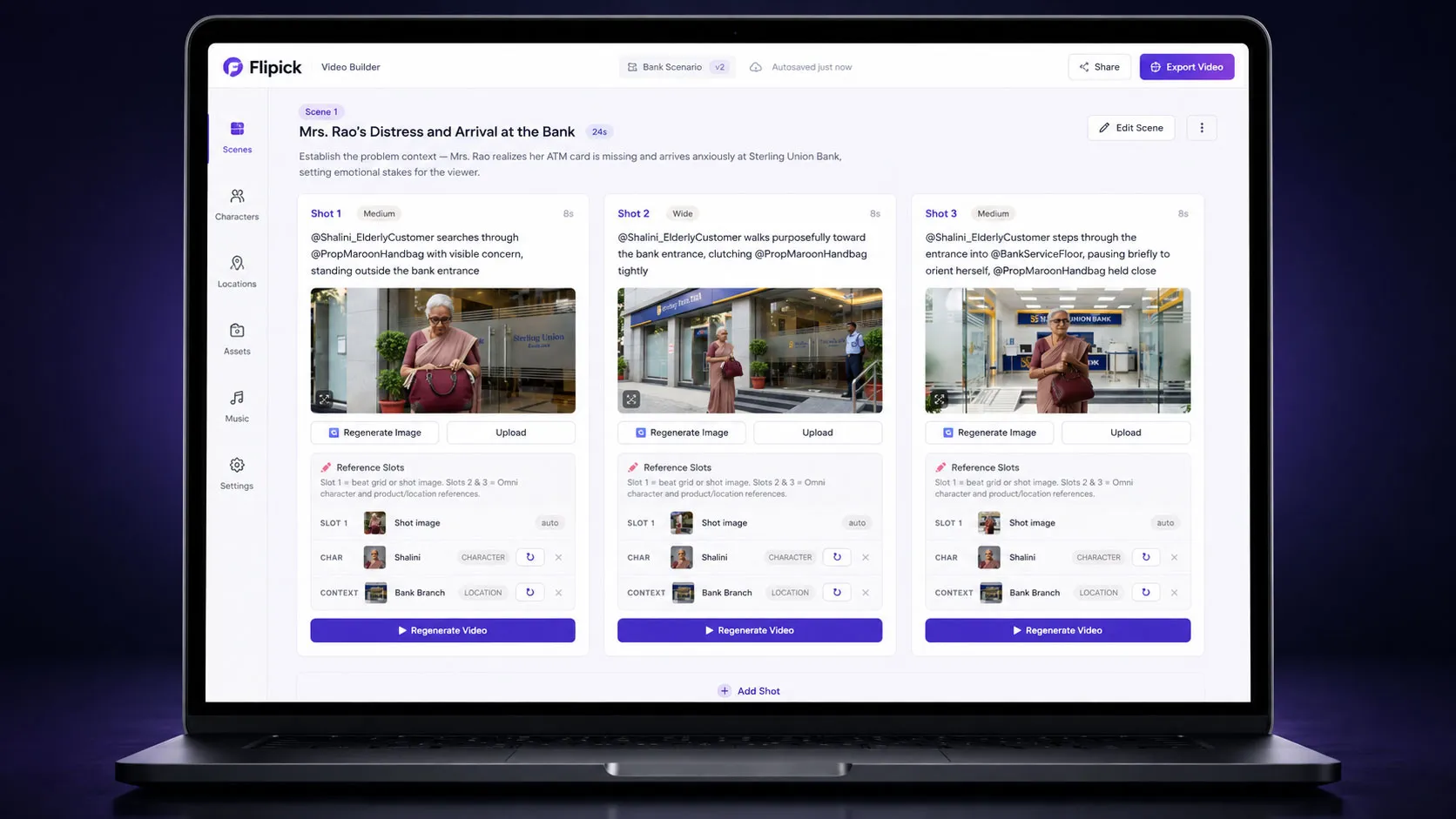 Flipick Video Builder — shots with reference slots and regenerate controls